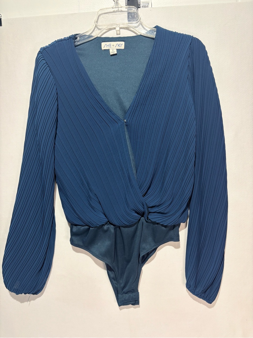 She + Sky Teal-Blue Pleated Twist-Front Long-Sleeve Bodysuit